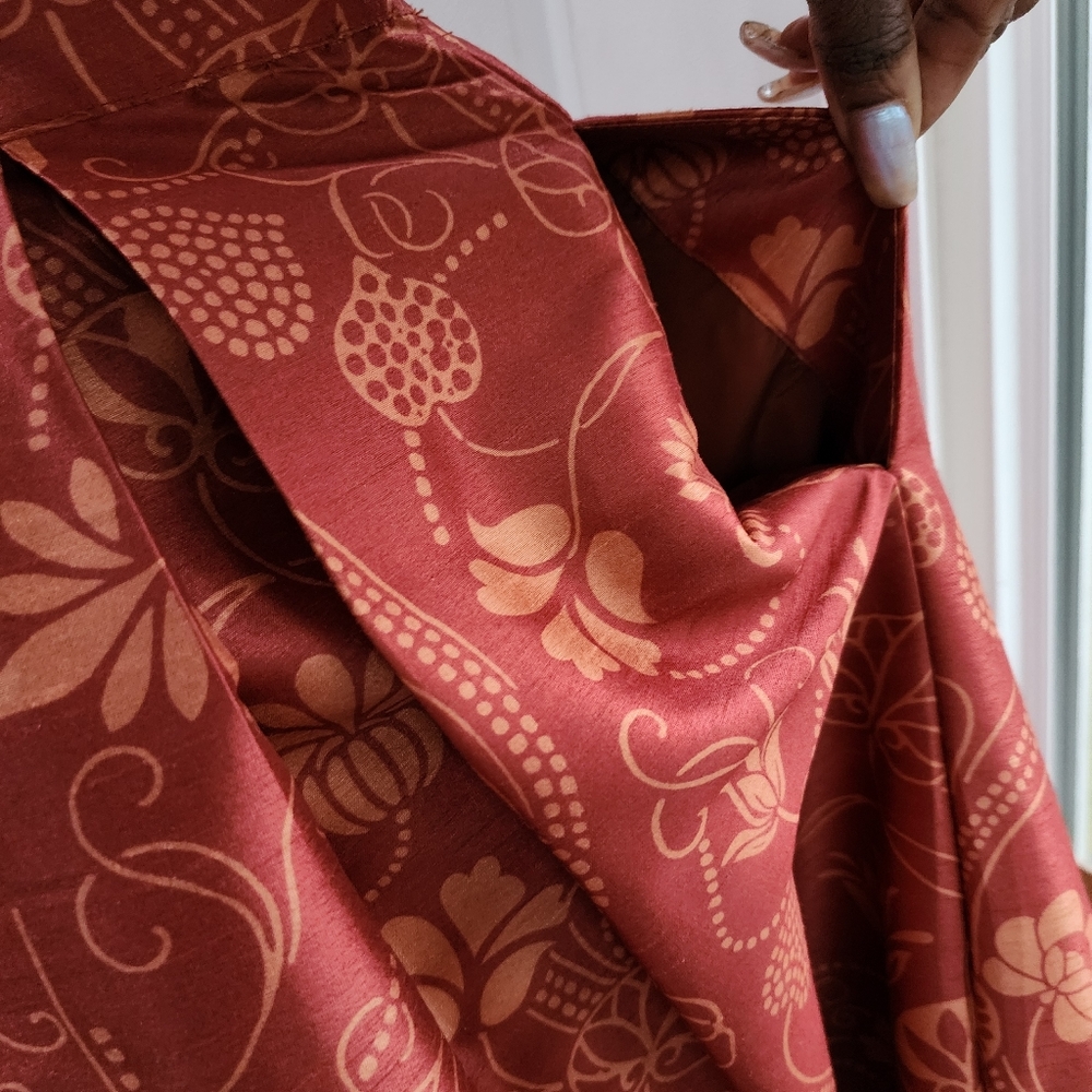 Eshakti Burnt Orange Floral Print Banded High Waist Pleated Taffeta Midi Skirt - Picture 10 of 16
